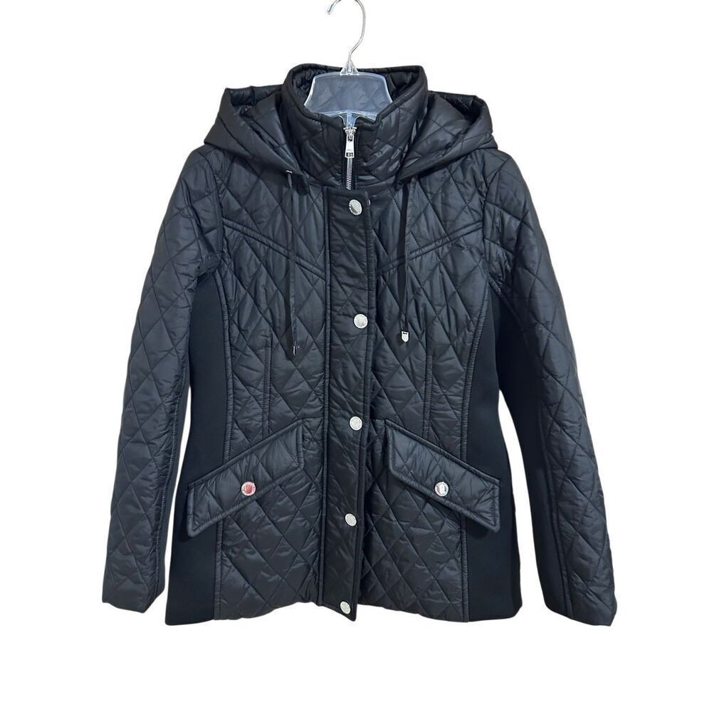 London Fog Black Diamond Quilted Hooded Water Resistant Jacket Women’s Sz S